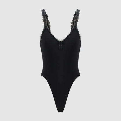 Women Black Lace Trim Bodysuit Elegant V-Neck Sleeveless Tank Top Slim Fit Sexy Bodycon Jumpsuit Basic Summer Bodysuits