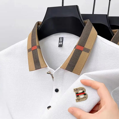 Luxury brand logo short sleeved polo shirt for men's summer new high-end silk cotton breathable casual fashion T-shirt clothing