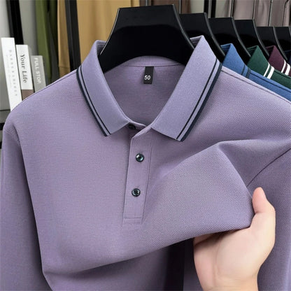 Men's 100% Cotton Long-Sleeve Polo Shirt - Light Purple Soft Knit  Breathable Business Casual Hexagon Pique Texture