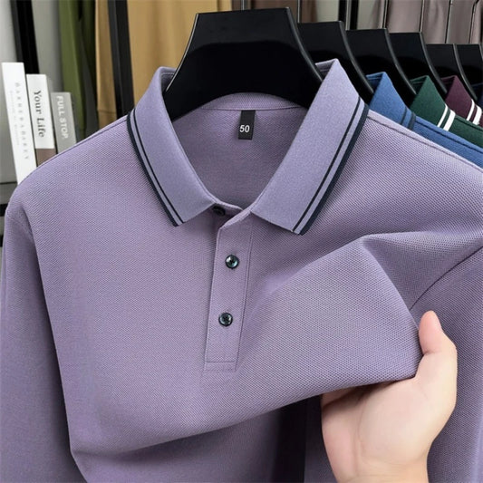 Men's 100% Cotton Long-Sleeve Polo Shirt - Light Purple Soft Knit  Breathable Business Casual Hexagon Pique Texture