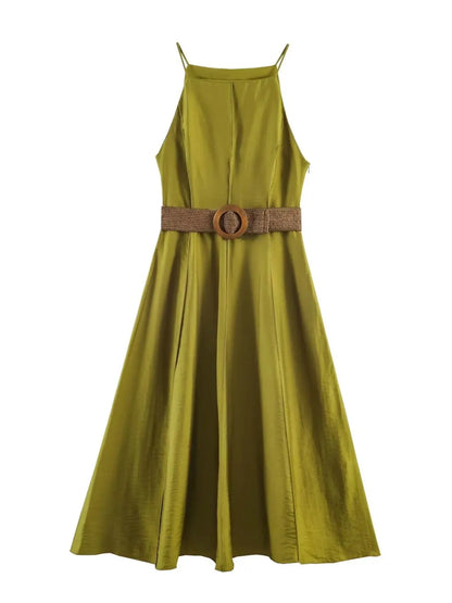 Spring Summer New Arrival Women's Long Line Stitch Decoration Collar Belted Midi Strap Dress Casual High Waist Polyester Fibe...