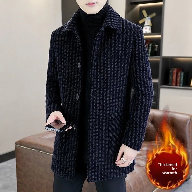 Winter Thickened Woolen Men's Coat Fashionable Striped Mid-Length Lapel Collar Windbreaker Versatile Stylish Business Casual