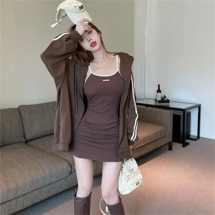 Spicy Girl Set Women's Autumn Fashion High-End Pure Desire Strap Vest  Skirt Hoodie Jacket Two-Piece Set Ladies' Wear