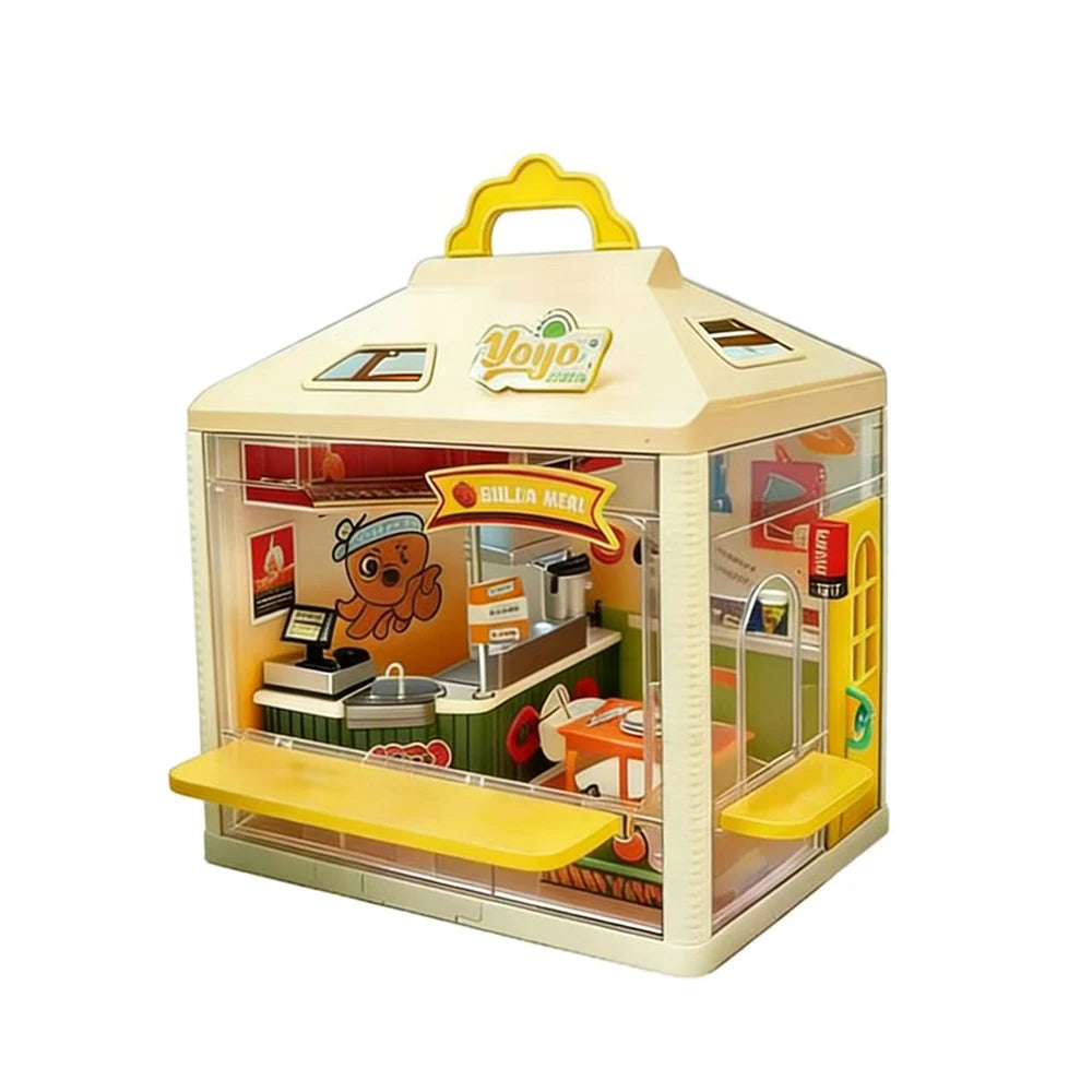 Micro Model Mini Dollhouse Playset with Light, Portable Grill Shop & Beauty Store Pretend Play Toy for Kids, Ideal Birthday Chri