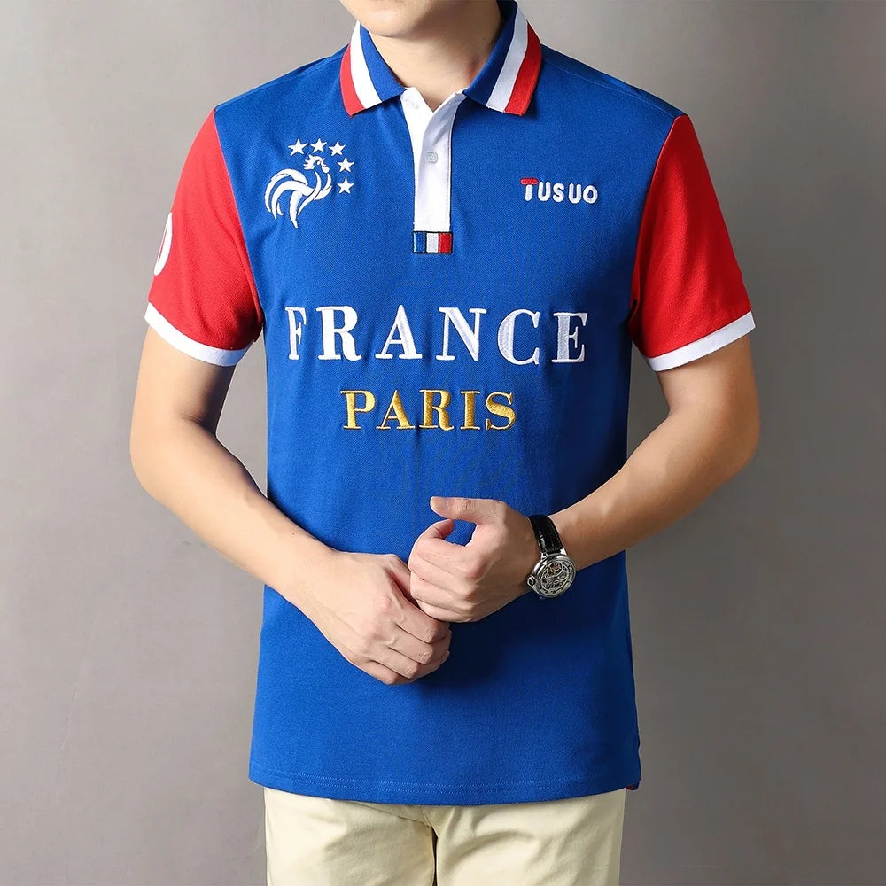 TS Men's Classic Polo Shirt Summer Shirt Men's Short-sleeved Embroidery Blue Loose Letters Sports French Football Fans Europe