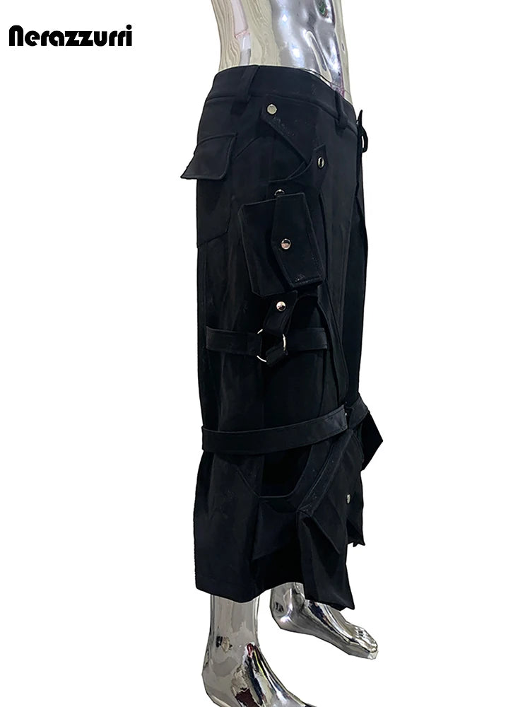 Nerazzurri Summer Matte Black Cargo Calf Length Straight Pants for Men with 3D Pockets High Waist Luxury Designer Emo Clothes
