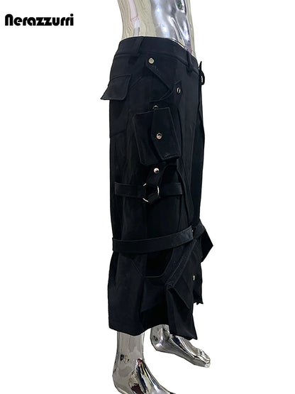 Nerazzurri Summer Matte Black Cargo Calf Length Straight Pants for Men with 3D Pockets High Waist Luxury Designer Emo Clothes