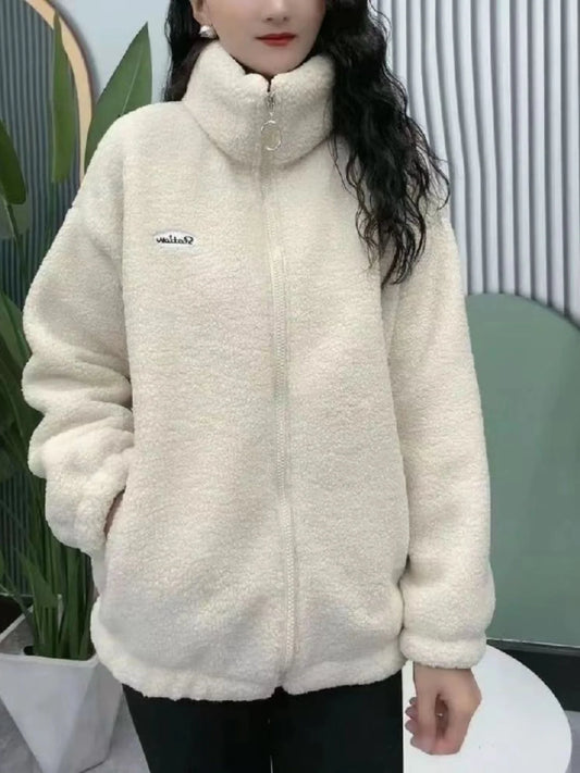 Thickened Fleece Women's Zipper Hoodie Lamb Velvet Jacket Autumn Winter Warm Fashionable Casual Long Sleeve Stand Collar Coat
