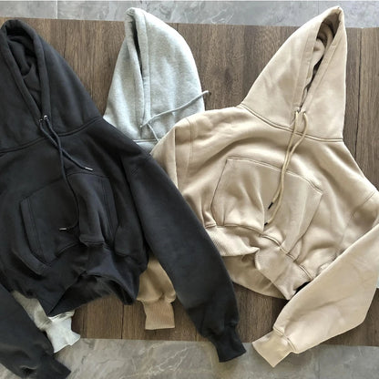 Basic Wear Black Charcoal Hoodies for Women Autumn Winter Loose Fleece Hooded Sweatshirts Streetwear Cropped Pullovers