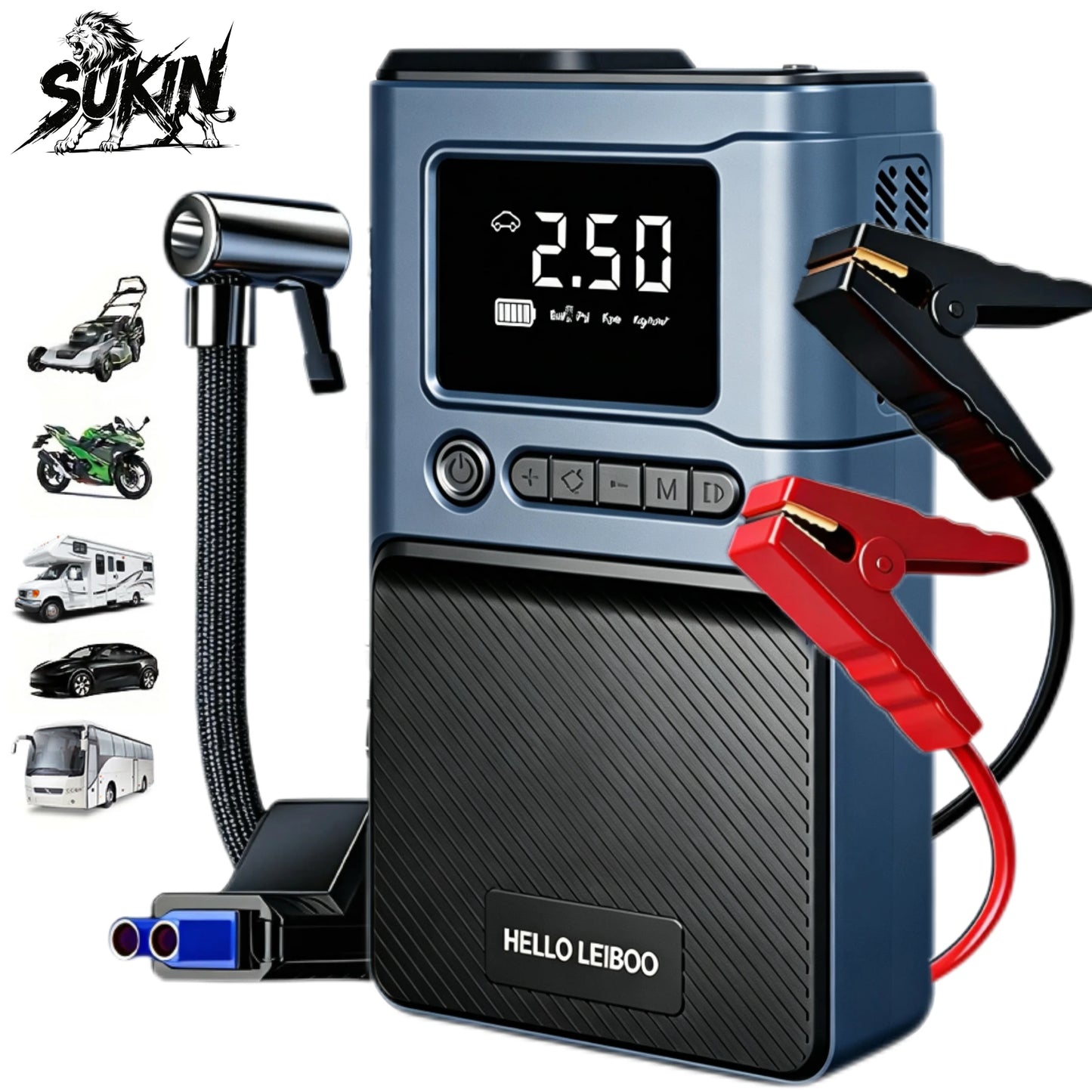 SUKIN Smart Edition Jump Starter Power Bank With Air Pump 12V 2000A Portable Booster Jump Starter With LED Lights Vehicle tools