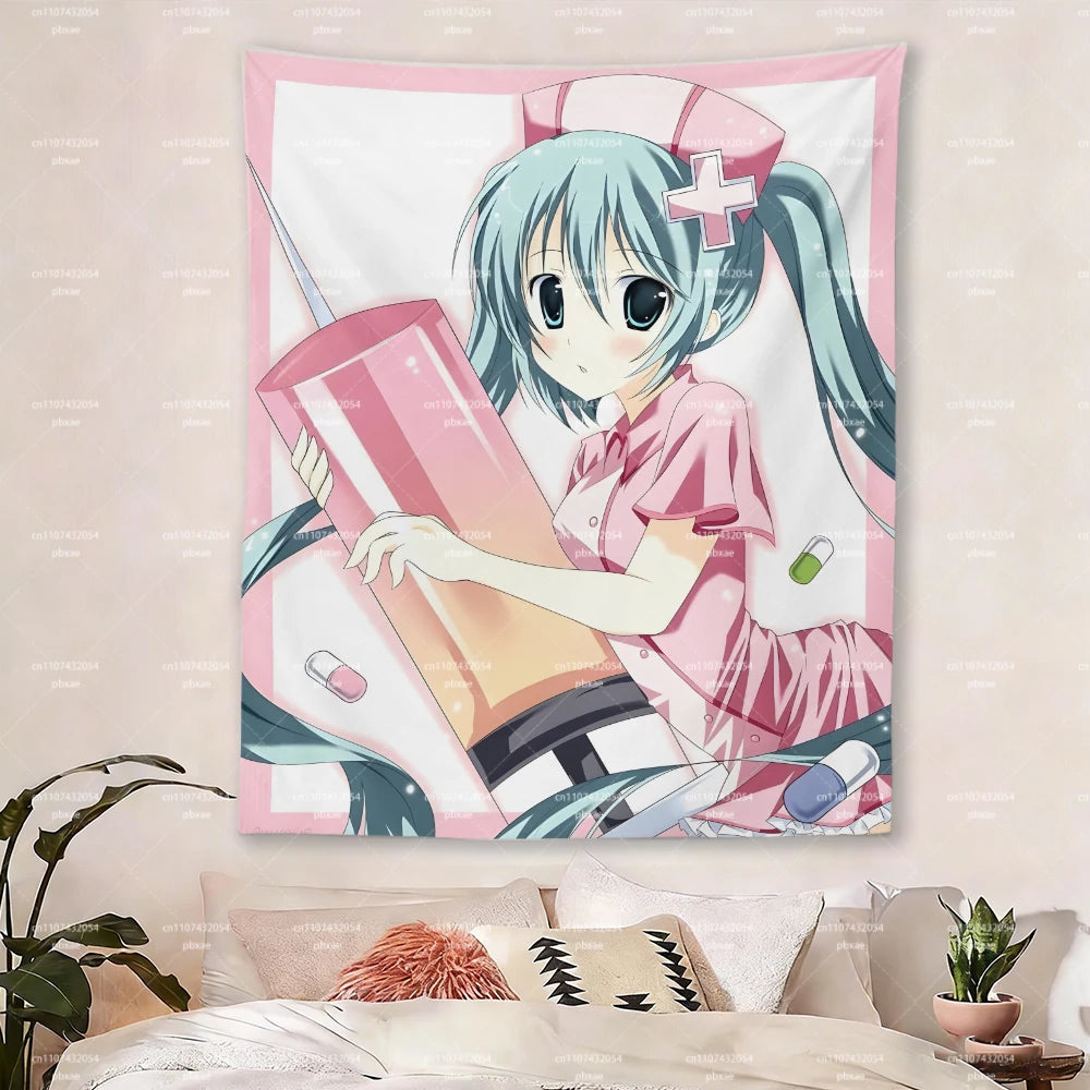 Hatsune Miku Nurse Tapestry, Pink Border Syringe Pill Anime Wall Hanging Bedroom Dorm Aesthetic Decor