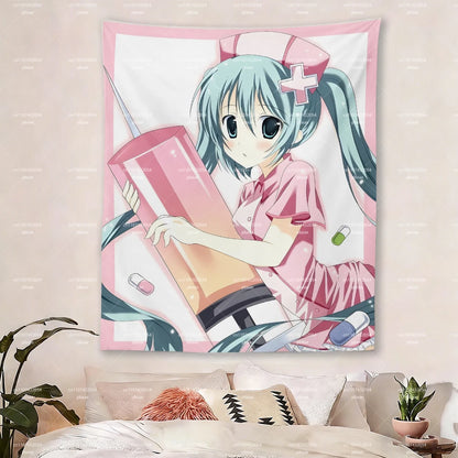 Hatsune Miku Nurse Tapestry, Pink Border Syringe Pill Anime Wall Hanging Bedroom Dorm Aesthetic Decor