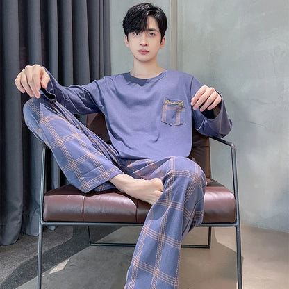 Soft Cotton Pajamas Autumn Men's Plaid Sleepwear Big Yards L-4XL Pajama Sets Casual Sleep&Lounge Pyjamas Pijamas Hombre