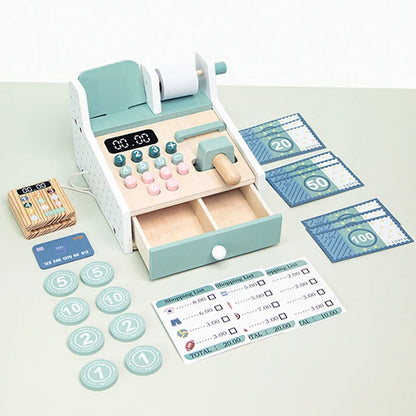 Wooden Simulated Cash Register Pretend Play Toy with Toy Coins and Bills Children Shopping Play House Game for Kids 3 Years Gift