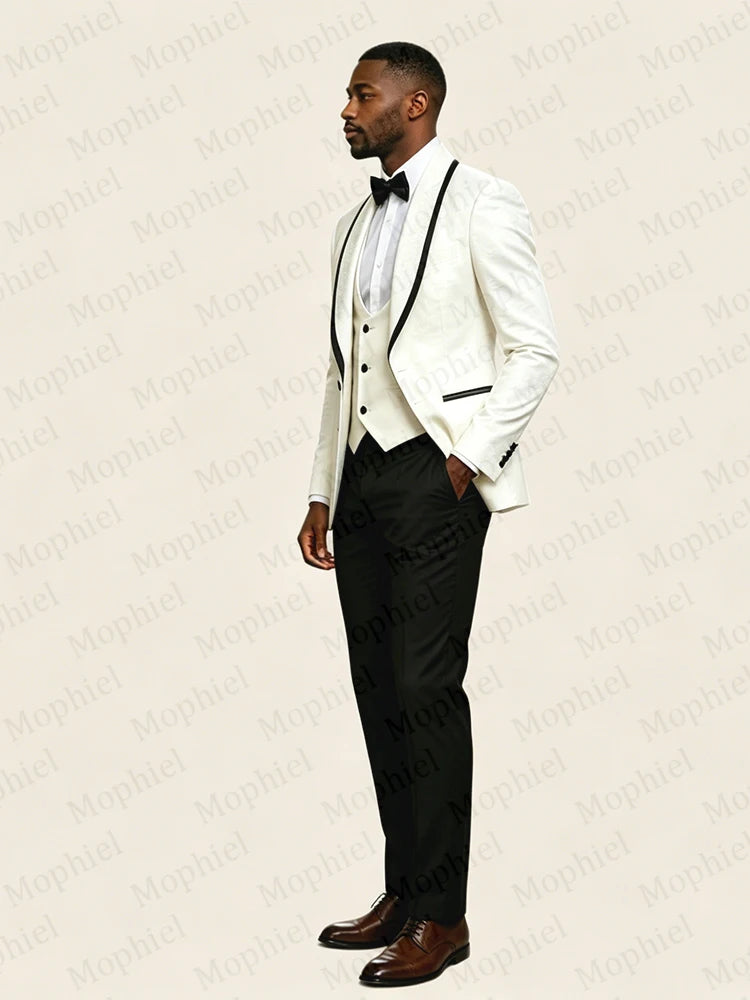 Jacquard Men's Suits Shawl Lapel Single Breasted 3Pcs Africa White Wedding Suit for Man Tuxedo Prom Slim Fit Blazer Customized