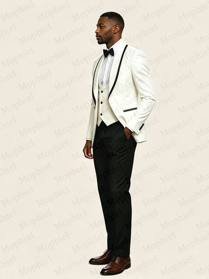 Jacquard Men's Suits Shawl Lapel Single Breasted 3Pcs Africa White Wedding Suit for Man Tuxedo Prom Slim Fit Blazer Customized