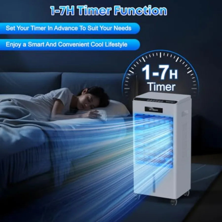Portable air conditioner for home bedroom kitchen use, black plastic unit with 3-in-1 cooling fan, 3 modes 3-speed remote contr