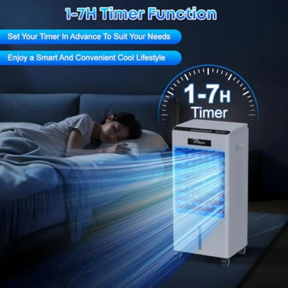Portable air conditioner for home bedroom kitchen use, black plastic unit with 3-in-1 cooling fan, 3 modes 3-speed remote contr