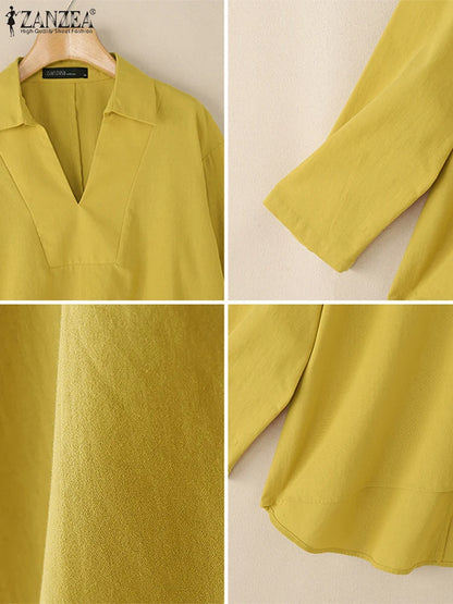ZANZEA 2025 Autumn Women High-Low Blouses Loose V-Neck Long Sleeve Cotton Linen Fashion Blusas Mujer Everyday Casual Solid Tops