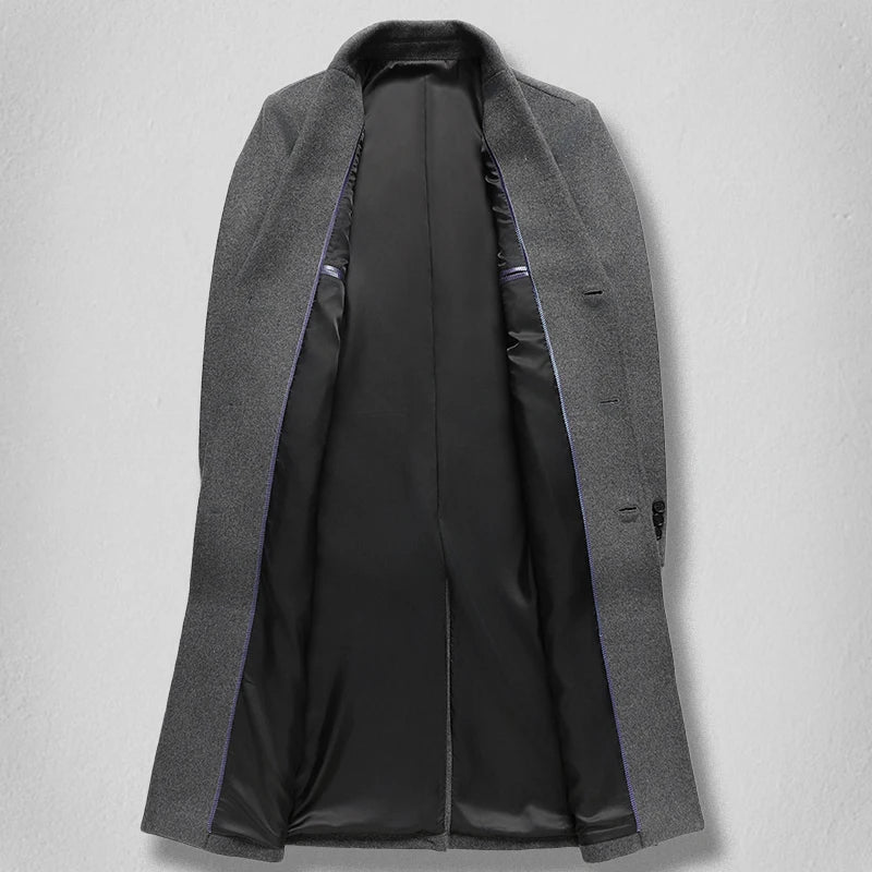 High-end men's fashionable and stylish new men's solid color versatile, trendy and casual long woolen coat