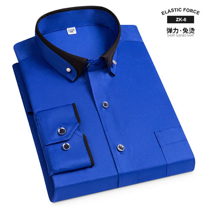 Fashion Color Contrast Men's Elastic Non-iron Long-sleeved Business Shirts Diamond Button Single Pocket Comfort Workwear Clothes