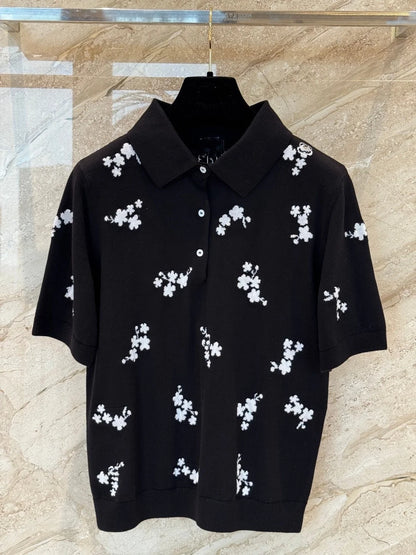 2026 New Arrival Women's Polo Shirt Chic Embroidered Floral Print Short Sleeve Casual Slim Fit Cotton Polo T-shirt