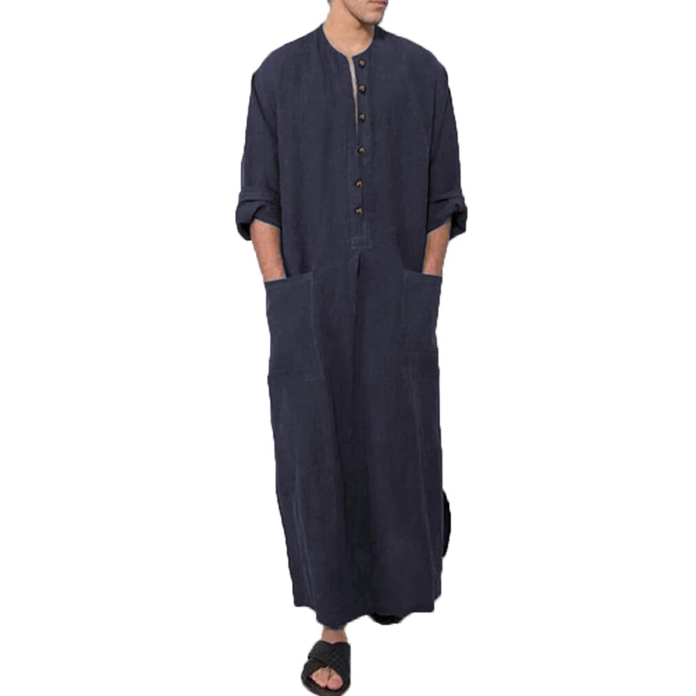 Vintage Muslim Men Islamic Arabic Jubba Thobe Robes Male Long Sleeve Pakistan Dubai Kaftan Abaya Pocket Robes Saudi Arabia Dress