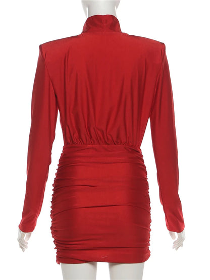 Sisterlinda Elegant Shoulder Padded Dress Women Turtleneck Ruched Sexy Classic Office Commute Simple Peach Hip Slim Mini Bodycon