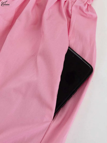 Oymimi Fashion Pink Cotton Women's Dress Elegant Spaghetti Strap Open Back Solid Dresses Casual High Waist Ankle-Length Dresses