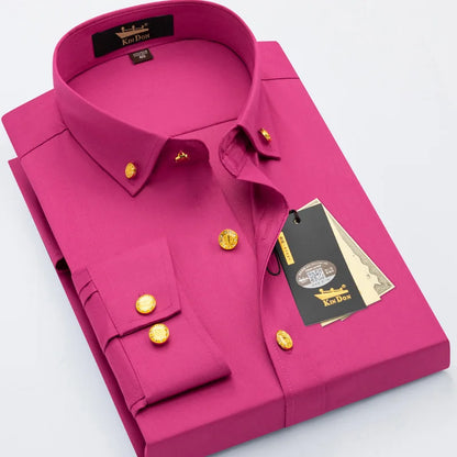 2026 Spring/Autumn New Men's Luxury Brass Button Long Sleeve Business Casual Shirt Ironing Resistant Office Work Shirts as Gift
