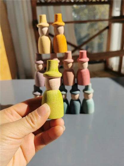 Rainbow Wood Peg Dolls Pastel Color  Wizard Figures Montessori Toy For Kids Block Play