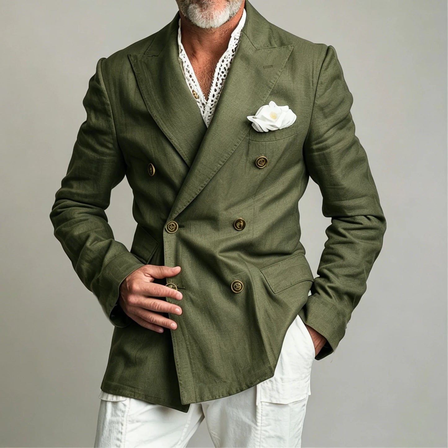 Men's Linen Blazer Jacket Summer Double Breasted Peak Lapel Slim Fit Lightweight Casual Linen Men Sport Coat For Gentlemen