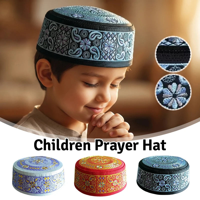 Kids Ethnic Embroidered Flat Cap Muslim Prayer Hat Costume Accessory Worship Islamic Hijabs Turkish Arabian Eid Prayer Caps