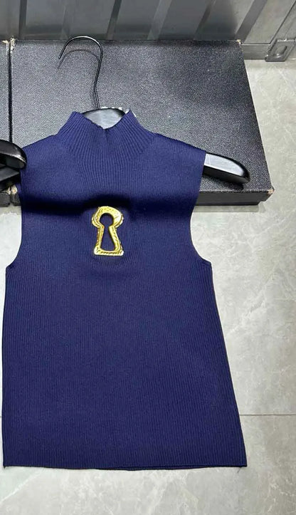 Spring Summer Solid Spliced Metal Buckle Slimming Knit Tshirt For Women Turtleneck Sleeveless Minimalist T Shirt Female Fashion