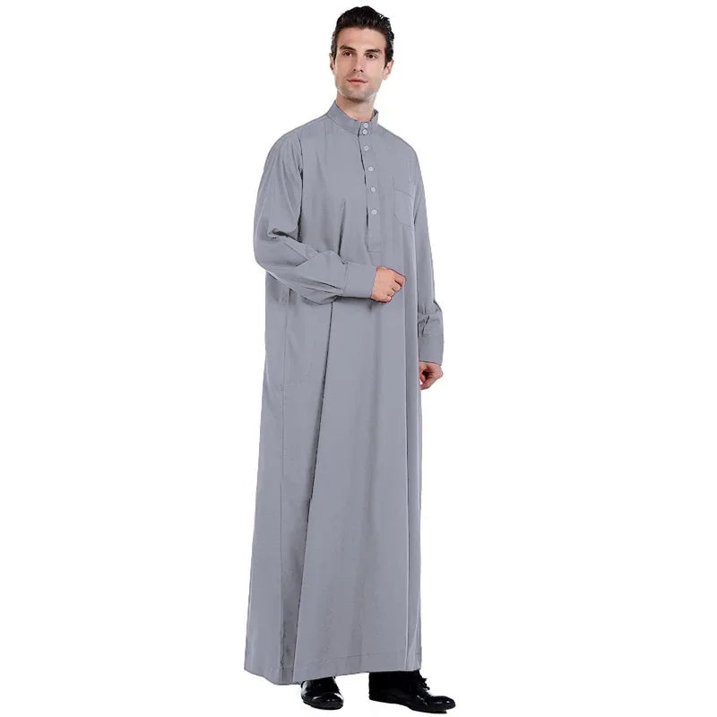 Qatar Stand Collar Polyester Men's Robe Pocket Design Loose Arab Middle East Dubai Travel Clothing
