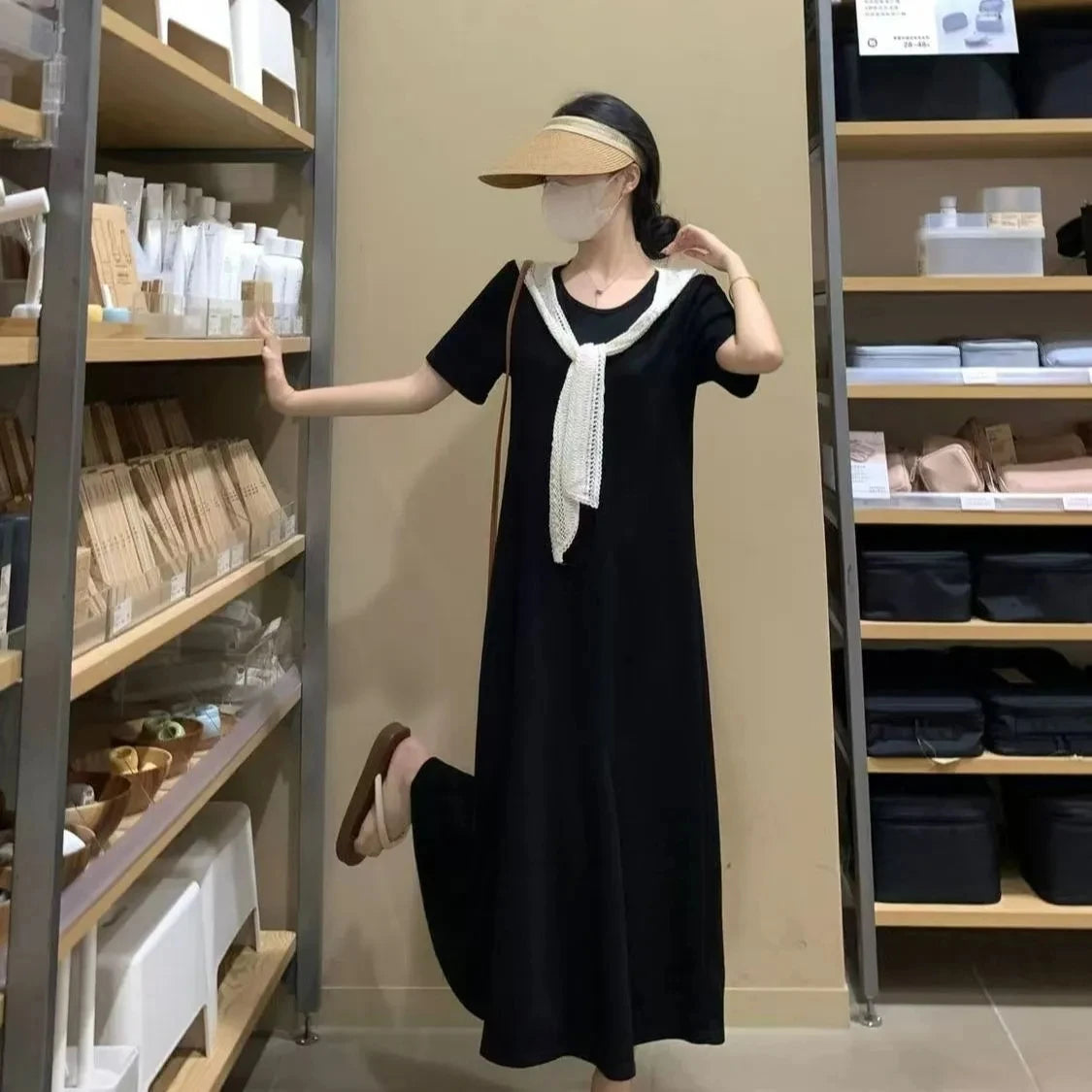 Naval Collar Lace Trim Slimming Long Dress French Style Loose Fit Mommy's Summer Dress mid Waist Design Casual  Knot