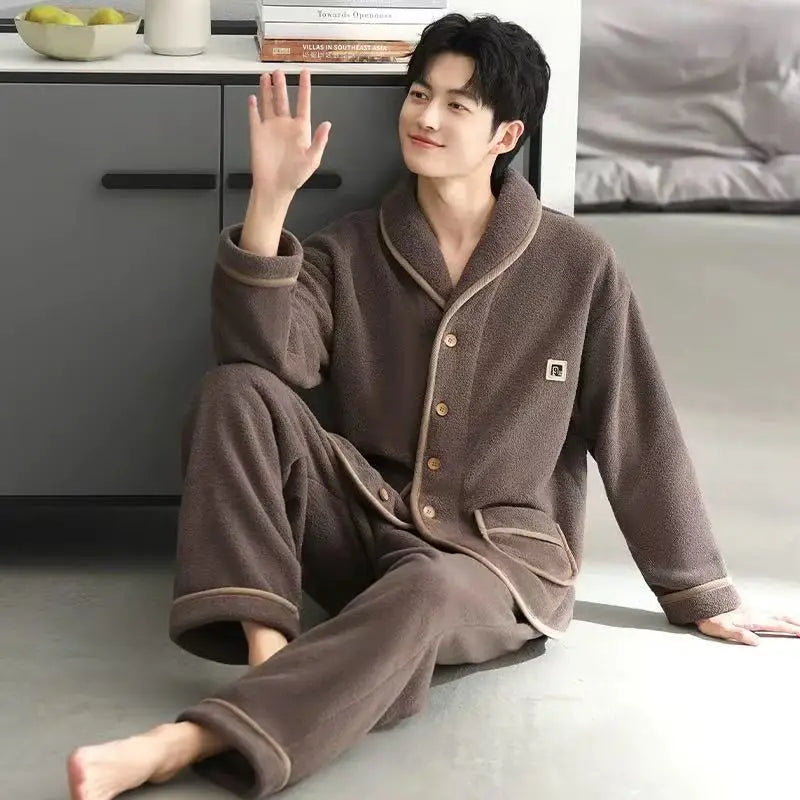 Men's Winter Sleepwear Coral Fleece Thickened Flannel Casual Long Sleeve Pajamas Large Size Home Clothes Chinese Style