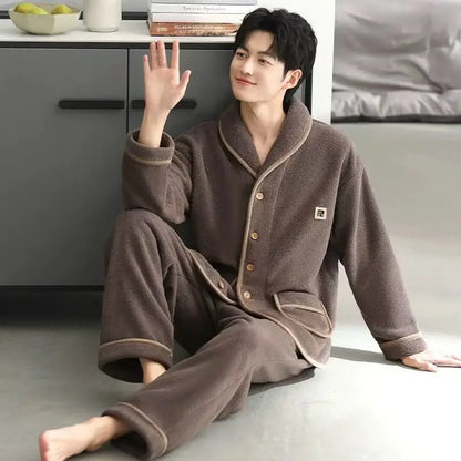 Men's Winter Sleepwear Coral Fleece Thickened Flannel Casual Long Sleeve Pajamas Large Size Home Clothes Chinese Style
