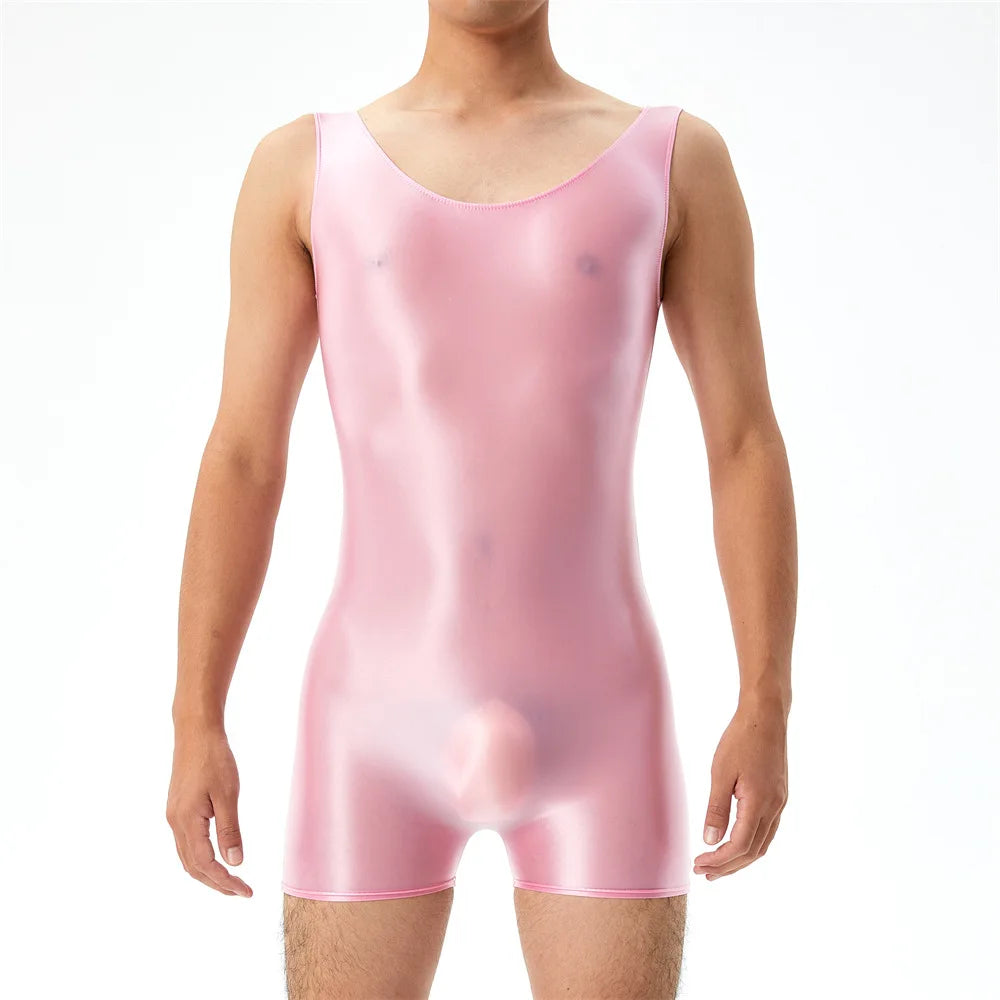 Oil Shiny Glossy Bodysuits Seamless Front Pouch Tights Body Man Sexy Transparent Waist Shapers Men Playsuit Sleeveless Bodysuit