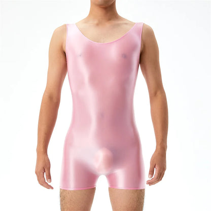 Oil Shiny Glossy Bodysuits Seamless Front Pouch Tights Body Man Sexy Transparent Waist Shapers Men Playsuit Sleeveless Bodysuit