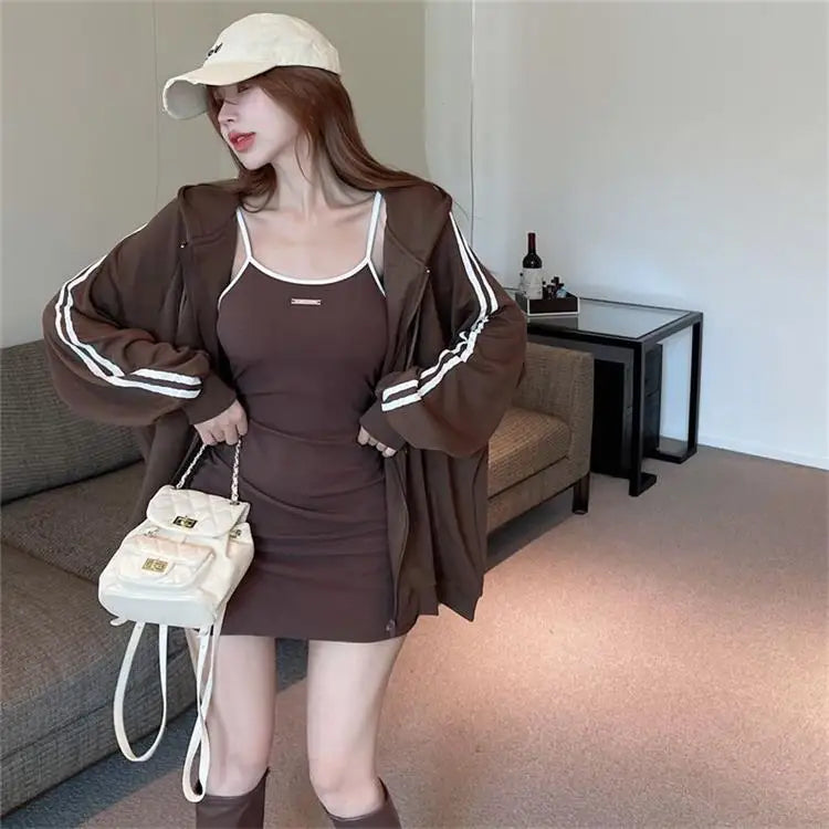 Spicy Girl Set Women's Autumn Fashion High-End Pure Desire Strap Vest  Skirt Hoodie Jacket Two-Piece Set Ladies' Wear