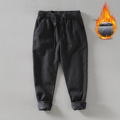 Men's Winter Fleece Lined Warm Casual Pants Loose Cotton Linen Straight Leg Trousers Youth Fashion Long Trousers Cotton 70% L...