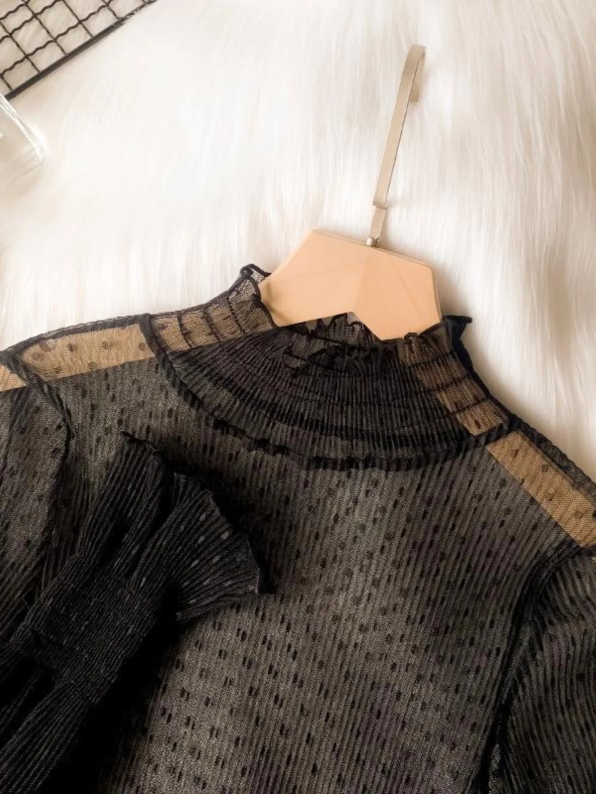 Women's Lace Base Shirt Long Sleeve High Collar Mesh Top 2023 Autumn Fashion Transparent Thin Film Inner Wear Versatile Slim Fit