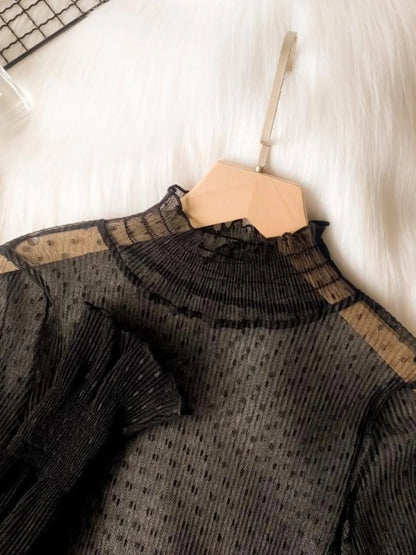 Women's Lace Base Shirt Long Sleeve High Collar Mesh Top 2023 Autumn Fashion Transparent Thin Film Inner Wear Versatile Slim Fit
