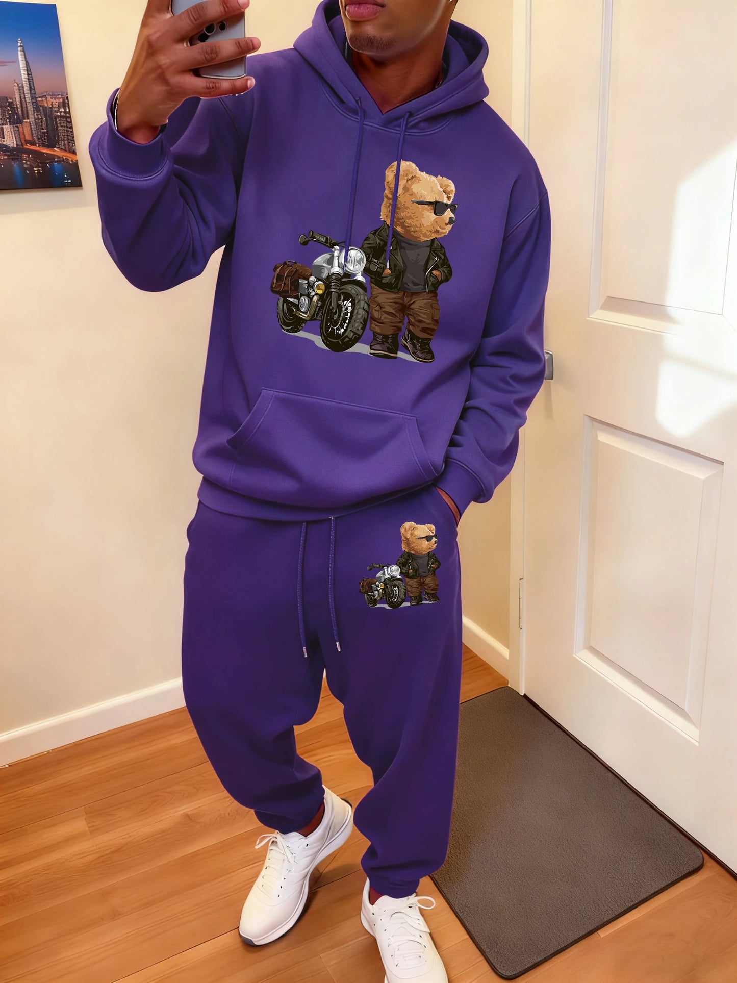 Ride Motorcycle Jacket Cool Bear Print Men Hoody Suit Fashion Autumn Sweatshirts All-Match Casual Sweatpant Comfy Jogging Pants