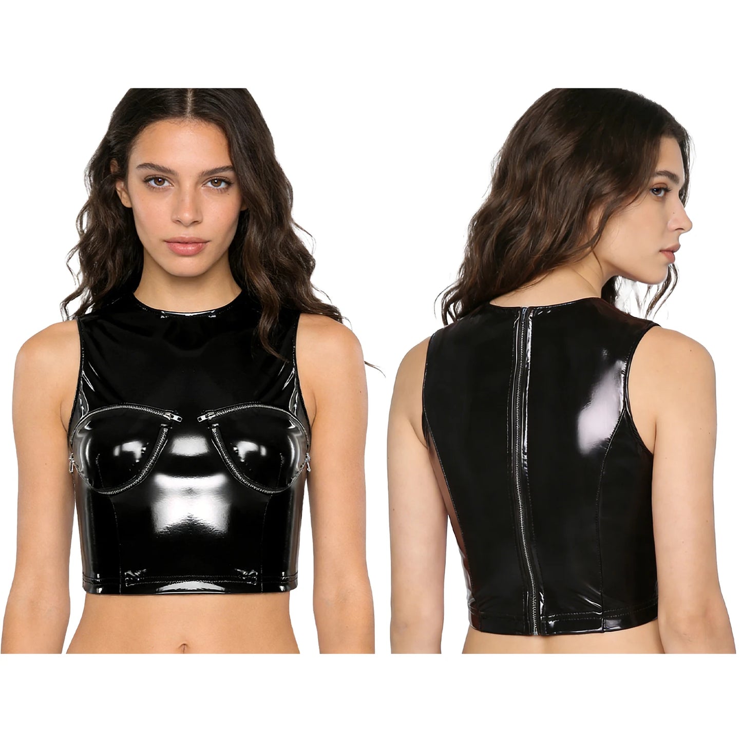 Womens Shiny PU Leather Front Zipper Crop Top Wet Look Crew Neck Sleeveless Back Zipper Slim Fit Tank Top Rave Party Blouse