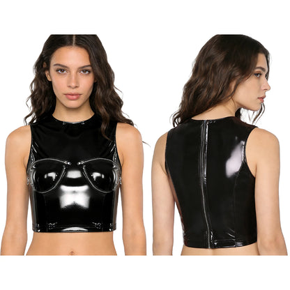 Womens Shiny PU Leather Front Zipper Crop Top Wet Look Crew Neck Sleeveless Back Zipper Slim Fit Tank Top Rave Party Blouse