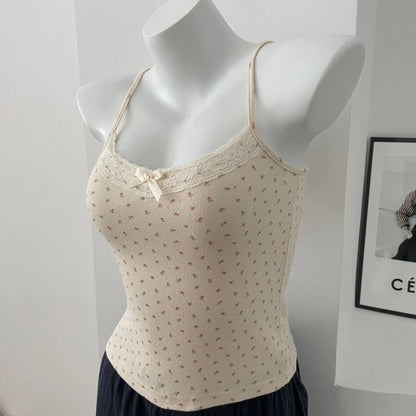 Bow Floral Eyelet Lace Trim Tank Tops Women Summer Cotton Sleeveless Slim Camisole Girls Sweet Cute Preppy Style Crop Top Y2K