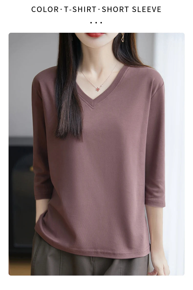 Spring And Summer New White Mercerized Cotton Cropped Sleeve T-shirt Feminine Joker 100% Cotton Bottoming Shirt Half Sleeve
