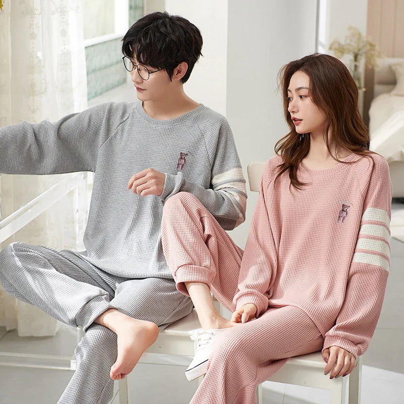 Couple Pajamas Set Cotton Autumn Long Sleeves Pants Home Suit Striped Lovers Sleepwear Comfortable Two-piece Female Pyjamas